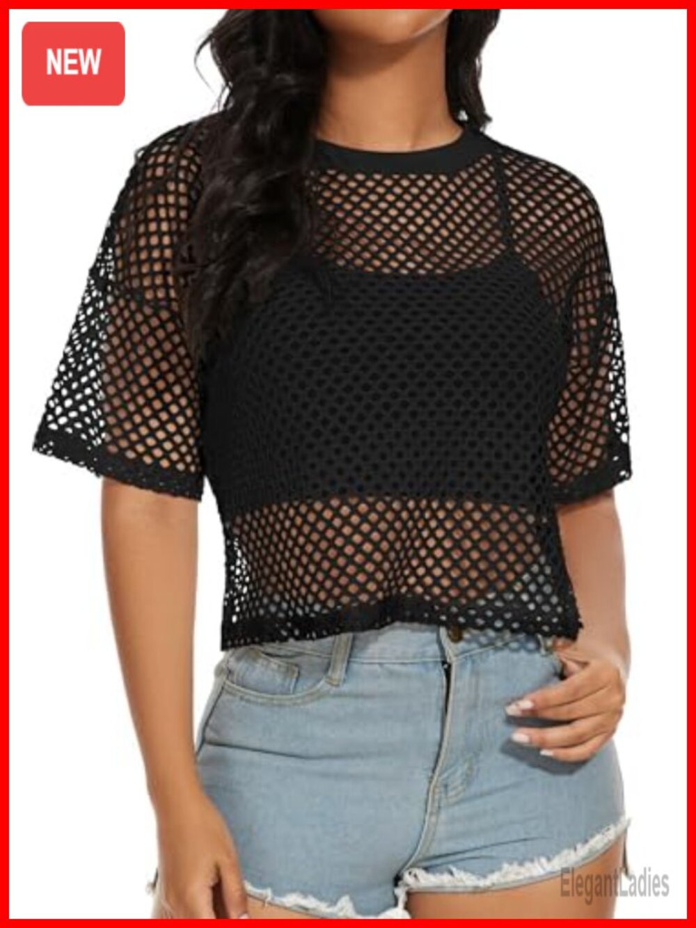 Mesh Fishnet Short Sleeve Sheer See Through Cover Up Top